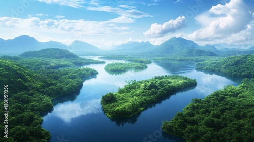 Stunning Aerial View of Lush Tropical Islands and Meandering Rivers Under a Bright Blue Sky, Surrounded by Verdant Greenery, Mountains, and Sparkling Waters in Paradise photo