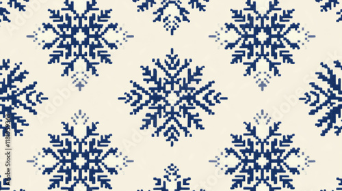 Cross-Stitch Snowflake and Geometric Pattern in Blue on Cream Background