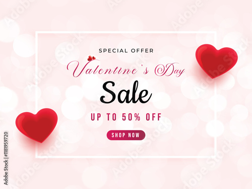 Valentines day super sale background with 3d red hearts in abstract gradient pink background design, vector illustration