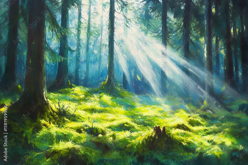 Fototapeta premium Sunlight Streaming Through Enchanted Forest