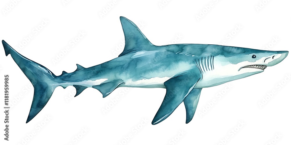Fototapeta premium Watercolor shark illustration on white.