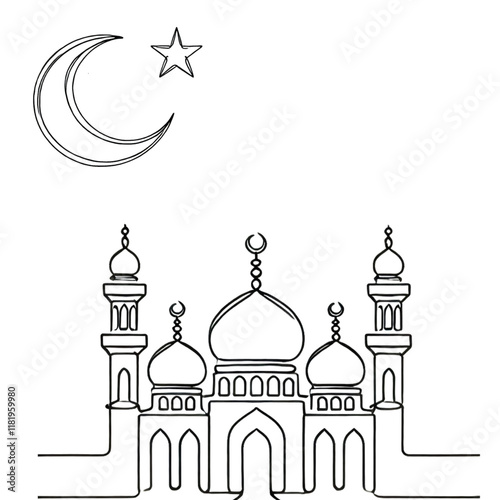 Mosque with moon and star one line art