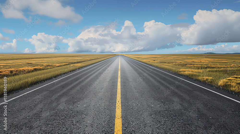 Fototapeta premium Endless Highway Under Blue Sky with Cloud Formation - Road Trip and Travel Inspiration