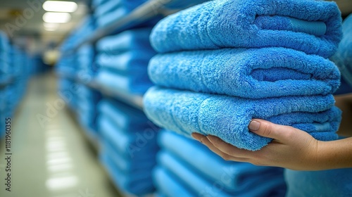 Neatly stacked blue towels in a retail store aisle photo