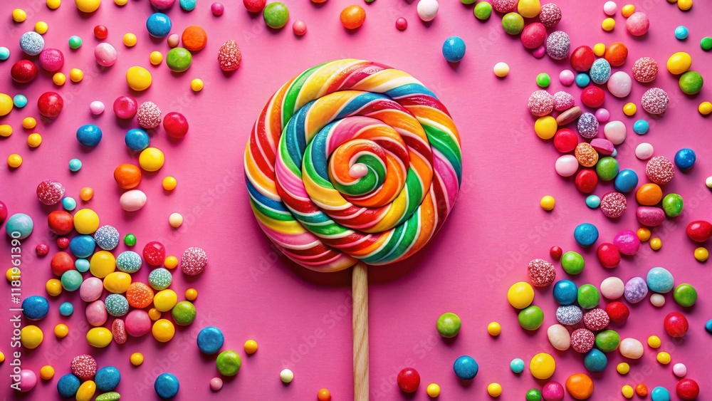 Pink Lollipop Party Sweets Background - Top View with Copy Space Pink Lollipop Party Sweets Background - Top View with Copy Space