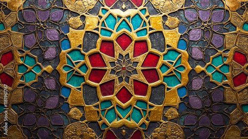 Islamic Art Tilework Panel Featuring Intricate Patterns and Traditional Craftsmanship