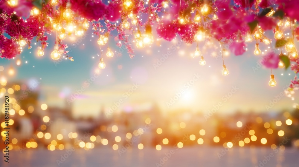 Festive Pink Blossoms and String Lights Evening Scene Festive Pink Blossoms and String Lights Evening Scene