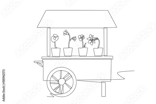 Flower seller cart. Flower market concept one-line drawing