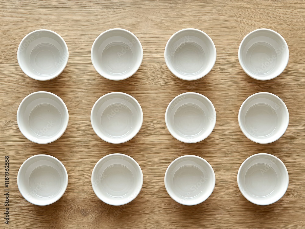 White Ceramic Bowls Arranged on Wooden Surface