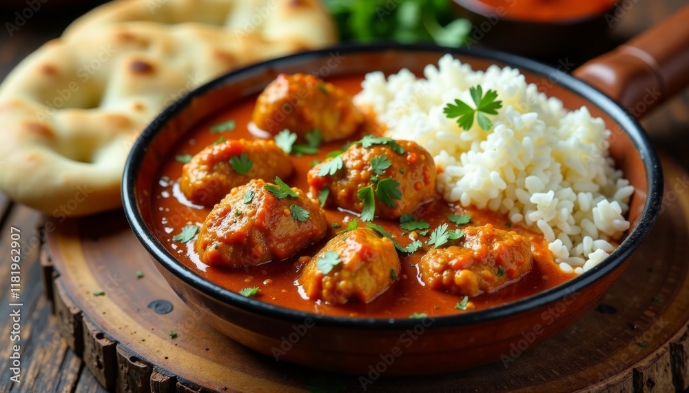 Spicy chicken tikka masala curry in a pot with rice and naan bread on a wooden table , curry, food on table, flat lay