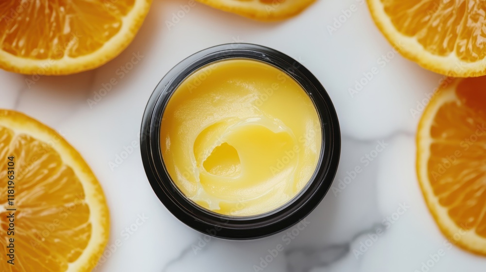 Fresh Citrus Extract in Black Jar Surrounded by Oranges Fresh Citrus Extract in Black Jar Surrounded by Oranges