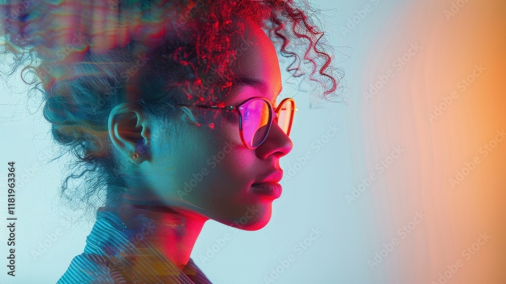 A profile view of a young person with curly hair and glasses, illuminated by colorful lights, creating a vibrant and artistic atmosphere. A profile view of a young person with curly hair and glasses, illuminated by colorful lights, creating a vibrant and artistic atmosphere.
