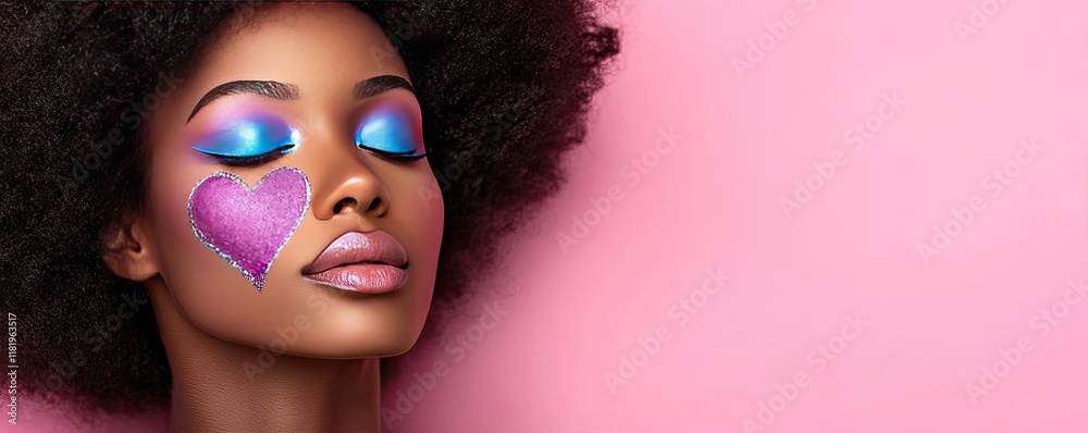 Obraz premium Vibrant beauty portrait with heart face art on pink background