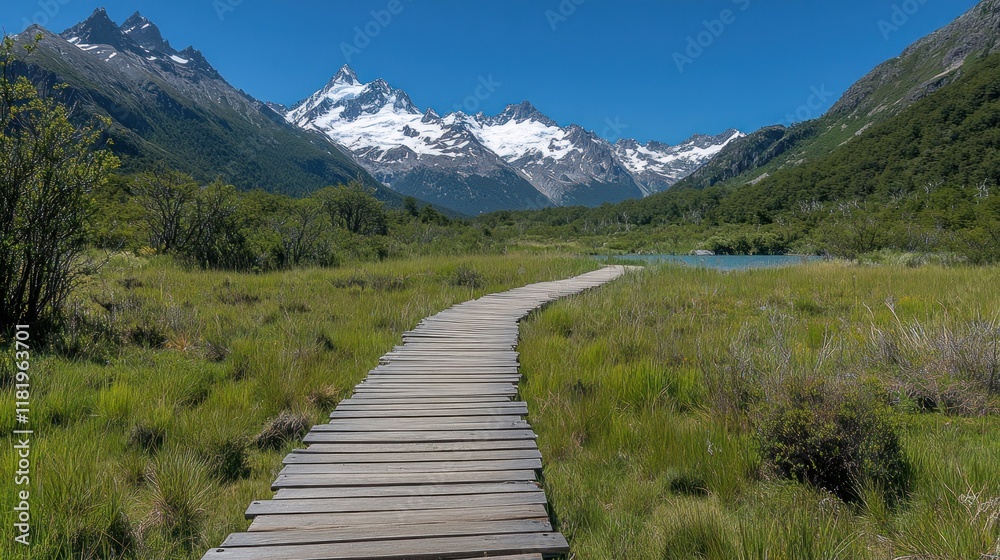 Mountain boardwalk path, serene valley, hiking trail, scenic view, travel poster Mountain boardwalk path, serene valley, hiking trail, scenic view, travel poster