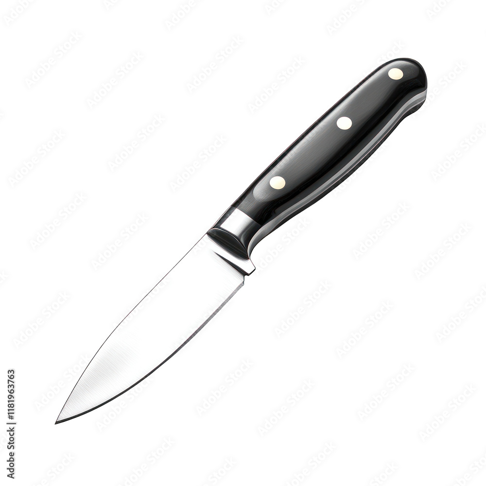 A sharp kitchen knife with a black handle, ideal for food preparation. A sharp kitchen knife with a black handle, ideal for food preparation.