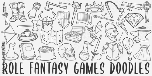 Role Doodle Icons. Hand Made Line Art. Fantasy Clipart Logotype Symbol Design.