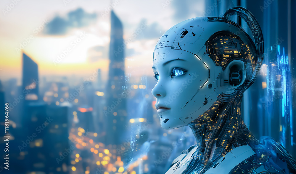 A close-up of a hyper-realistic humanoid android with illuminated circuits integrated into its design, gazing into a vibrant futuristic cityscape at dawn. A close-up of a hyper-realistic humanoid android with illuminated circuits integrated into its design, gazing into a vibrant futuristic cityscape at dawn.