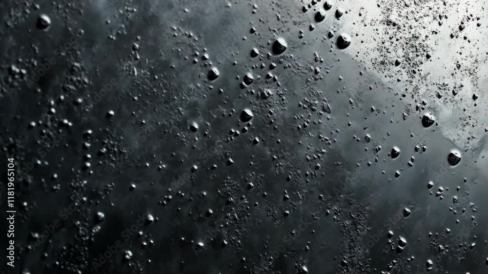 Close-up view of water droplets on a dark surface during a rainy day in an indoor setting Close-up view of water droplets on a dark surface during a rainy day in an indoor setting