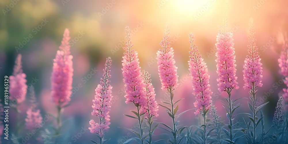 Obraz premium Pink flowers blooming in sunset light.