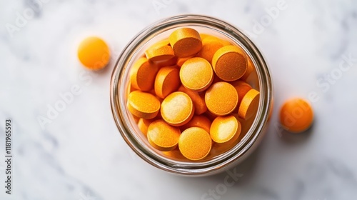Bright Orange Tablets in a Glass Jar