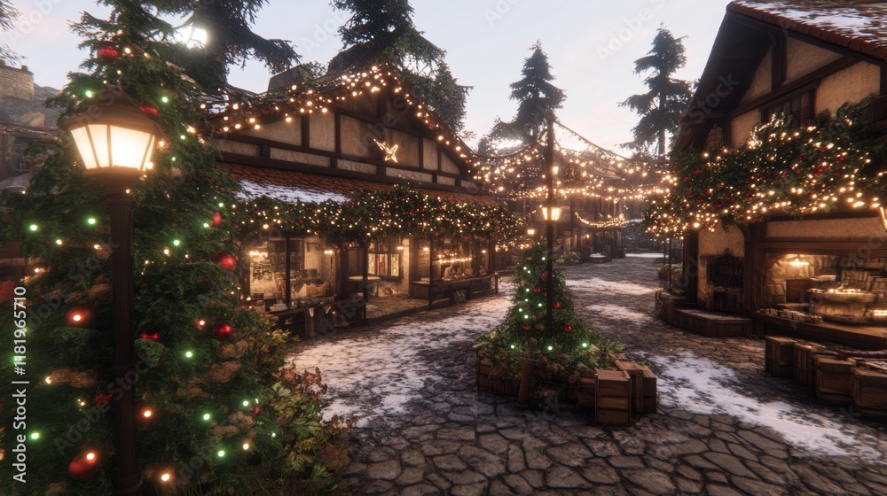 Fototapeta premium Festive Winter Village Square Christmas Market Scene