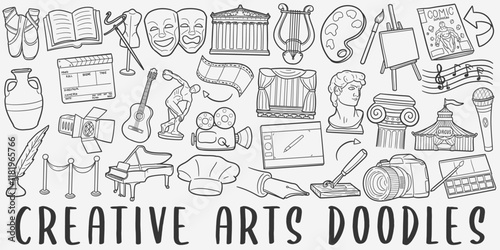 Arts Doodle Icons. Hand Made Line Art. Artist Clipart Logotype Symbol Design.