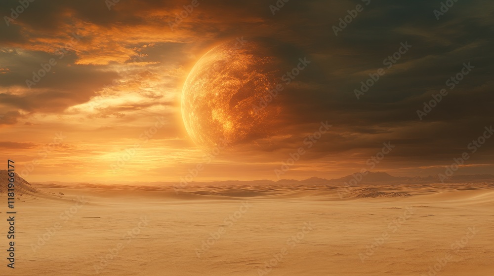 Obraz premium Fiery Planet Over Desolate Orange Desert Landscape