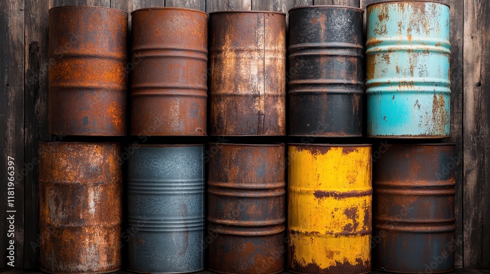 This striking image features colorful industrial drums, stacked artistically with distinct styles, showcasing a beautiful decay and elegance in their rugged appearance. This striking image features colorful industrial drums, stacked artistically with distinct styles, showcasing a beautiful decay and elegance in their rugged appearance.