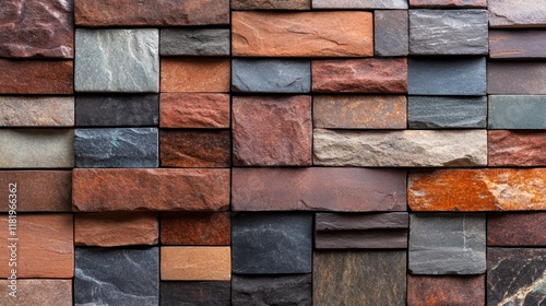 This image depicts an array of diverse colored bricks, cleverly arranged to create a visually appealing surface texture, perfect for architectural inspiration. photo