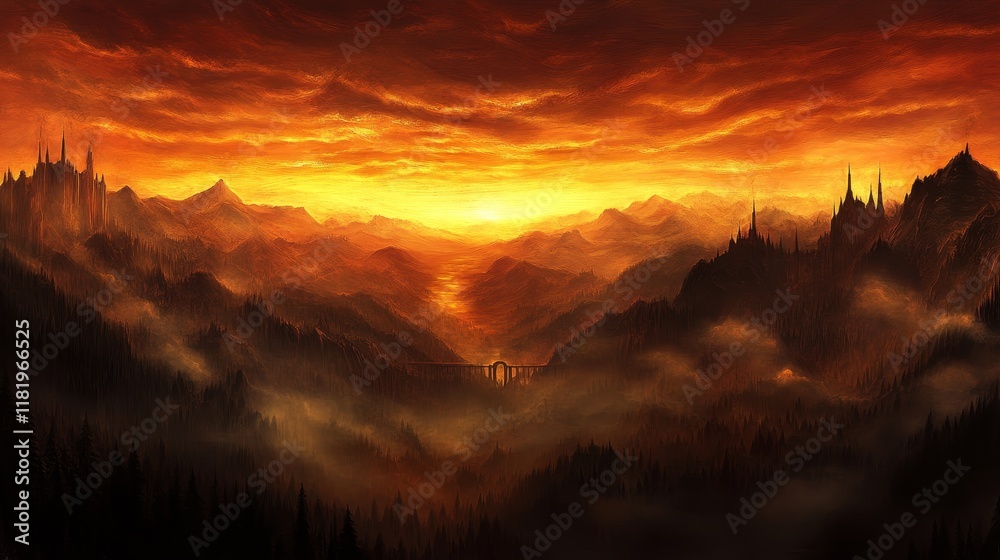 Naklejka premium Fiery Sunset Over Misty Mountain Kingdoms Bridge