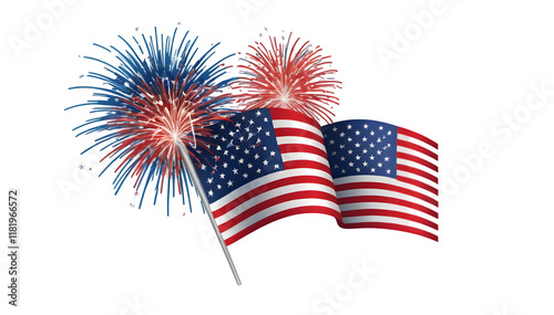 Celebrating the Fourth of July with the USA flag and colorful fireworks on a clean white canvas.  