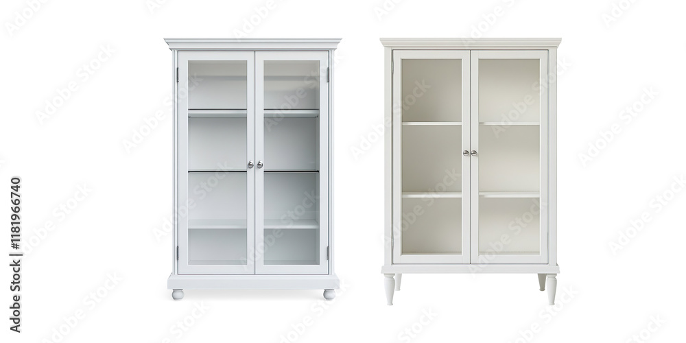 Elegant White Display Cabinet with Glass Doors on a Transparent Background Elegant White Display Cabinet with Glass Doors on a Transparent Background