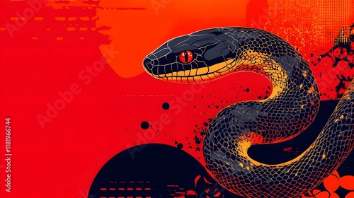 A striking serpent coiled against a vibrant tribal inspired digital background with gradient tones geometric patterns and modern decorative accents  This conceptual blends elements of nature culture photo