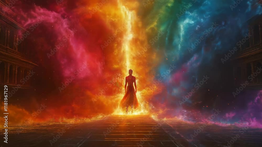 Silhouette of a person amidst radiant cosmic clouds symbolizing astral travel. Surreal fantasy, mystical energy, and a transcendental journey through vibrant colors.
Silhouette of a person amidst radiant cosmic clouds symbolizing astral travel. Surreal fantasy, mystical energy, and a transcendental journey through vibrant colors.