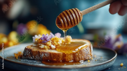 Honey dripping from a wooden dipper onto fresh toast in a cozy breakfast layout