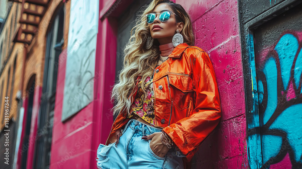 Naklejka premium Trendy Urban Fashion with Vibrant Colorful Outfit and Accessories