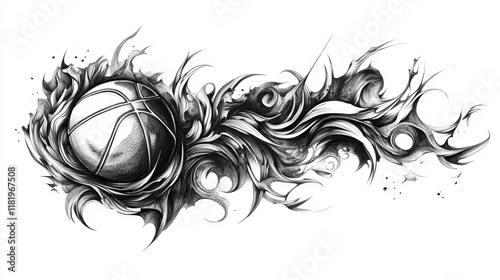 Flying funny basketball ball with flames for sports tattoo design. Rasterized version also available in gallery
