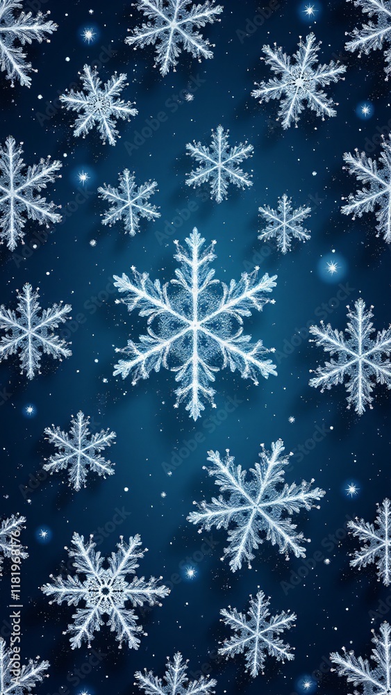 A seamless snowflake pattern with intricate designs and frosty textures. Symmetrical flakes vary in size over a gradient winter sky background, exuding a serene and magical icy charm. A seamless snowflake pattern with intricate designs and frosty textures. Symmetrical flakes vary in size over a gradient winter sky background, exuding a serene and magical icy charm.
