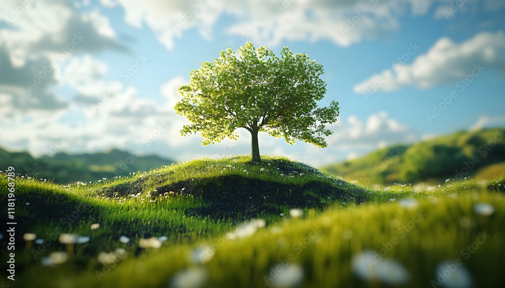 A solitary tree stands on a grassy hilltop under a bright sky A solitary tree stands on a grassy hilltop under a bright sky