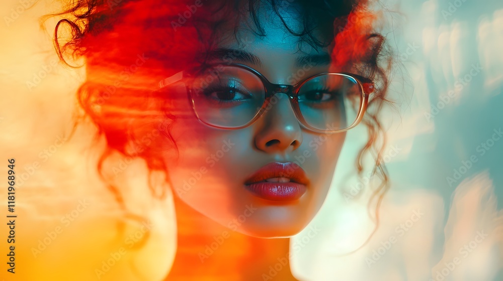 Obraz premium portrait of a woman with curly hair and glasses featuring an analog glitch effect that softly blends hazy gradients with colorful dynamic patterns for a surreal futuristic aesthetic