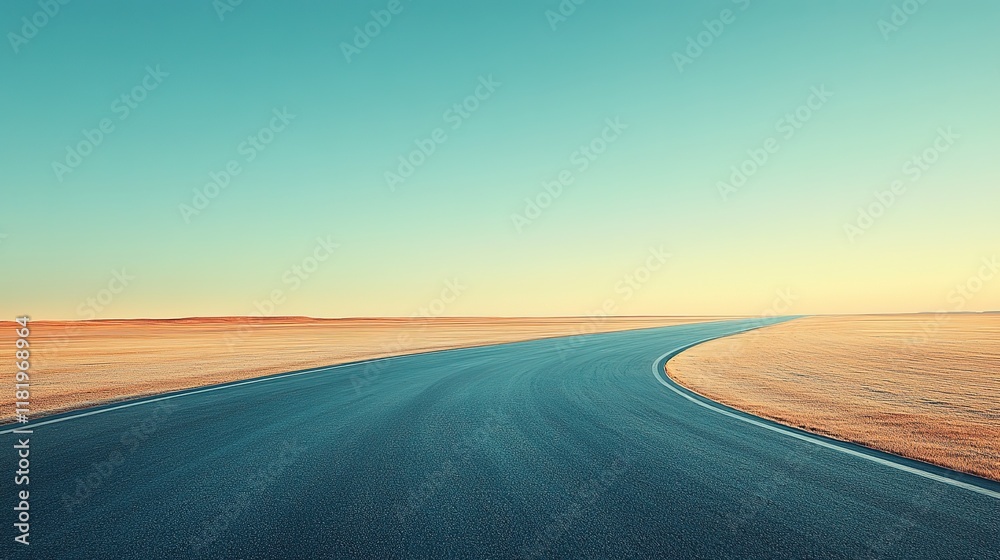 Naklejka premium From a high-angle view on a sunny day, airport track stretches out like a ribbon into vanishing point against backdrop of a clear blue sky, with morning sun casting a golden glow on tarmac, hd image