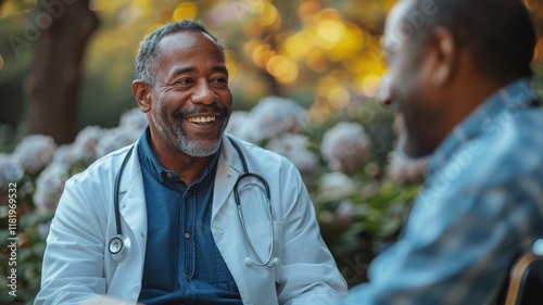 A friendly doctor interacts with a patient outdoors, showcasing a warm and approachable healthcare environment.