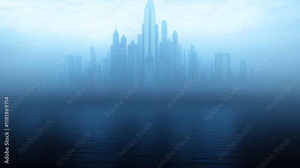 Fototapeta premium Foggy Cityscape Skyline Over Calm Ocean Waters