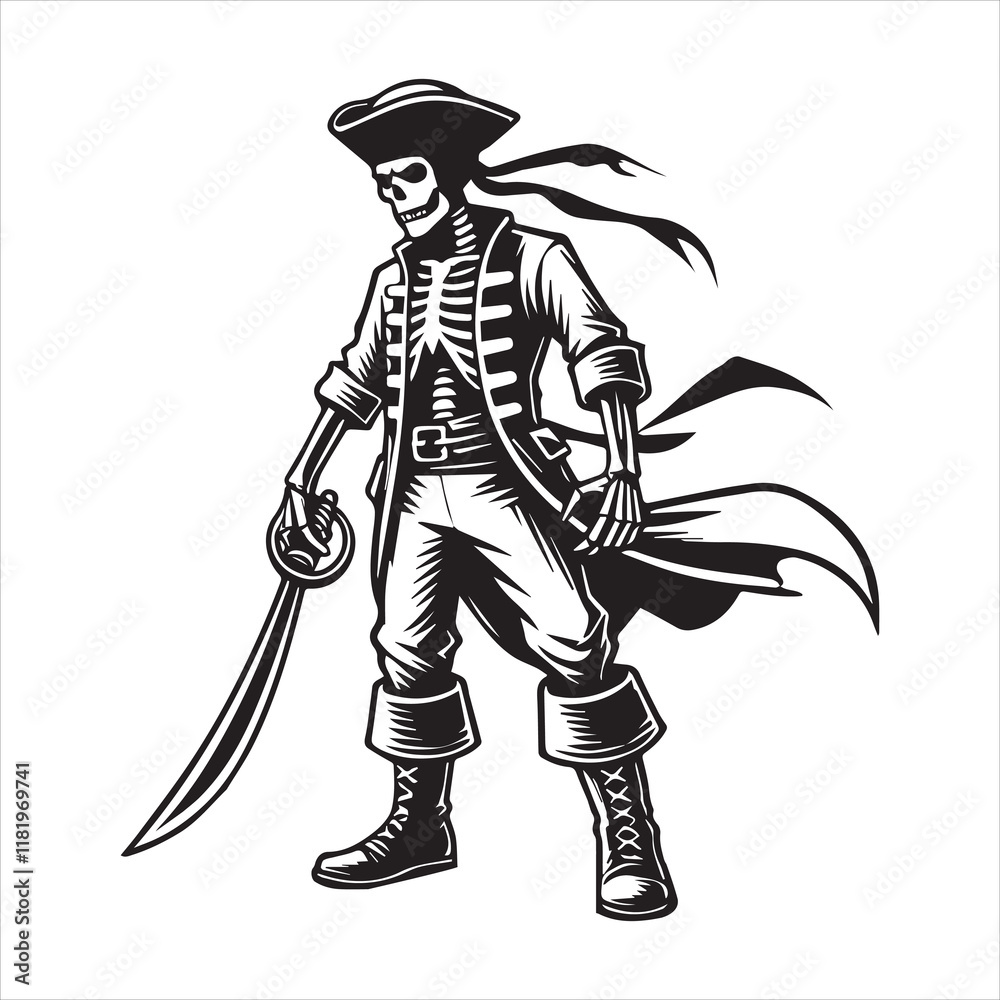 Fototapeta premium Skeleton Pirate illustration Vector, Pirate knight Skull Clipart Design