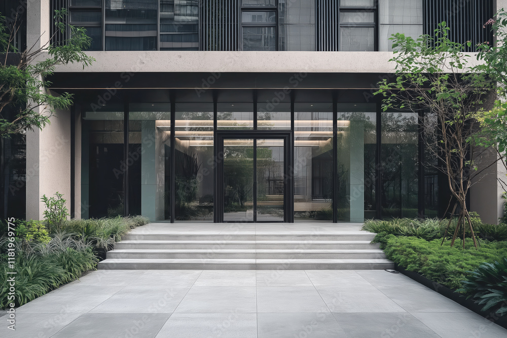 Modern art school entrance with symmetrical glass panels and landscaped surroundings Modern art school entrance with symmetrical glass panels and landscaped surroundings