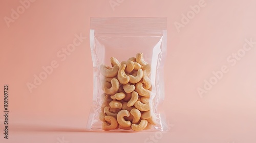front view clear plastic bag with cashew nuts inside, pastel background