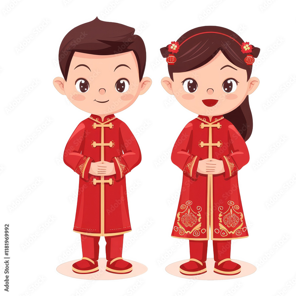 A cartoon illustration of a Chinese couple dressed in traditional red wedding attire, standing side by side with smiles on their faces. A cartoon illustration of a Chinese couple dressed in traditional red wedding attire, standing side by side with smiles on their faces.