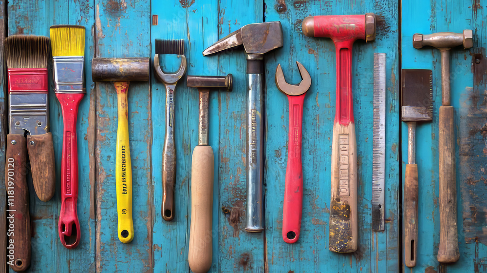 House repair work tool, construction equipment and carpentry instrument posters. Screwdriver, hammer and spanner, paint brush, wrench, roller, tape measure, trowel, ruler, saw vector poster design House repair work tool, construction equipment and carpentry instrument posters. Screwdriver, hammer and spanner, paint brush, wrench, roller, tape measure, trowel, ruler, saw vector poster design