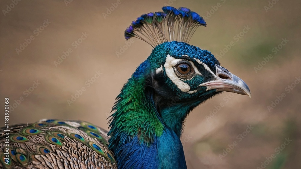 Close-up portrait of a peacock showcasing its vibrant colors and intricate features Close-up portrait of a peacock showcasing its vibrant colors and intricate features