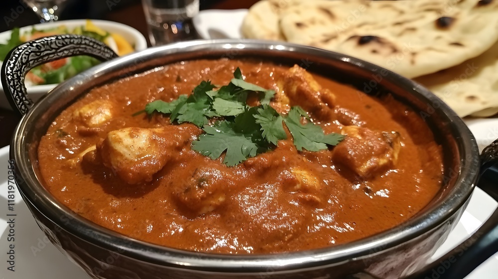 An Exquisite Presentation of Chicken Tikka Masala with Naan and Colorful Side Dishes for Dinner An Exquisite Presentation of Chicken Tikka Masala with Naan and Colorful Side Dishes for Dinner